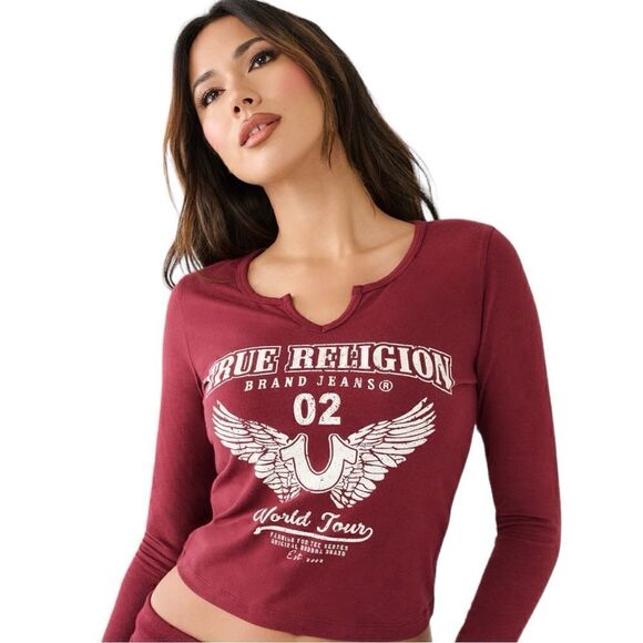 TRUE RELIGION Burgundy Long Sleeve Notch Logo Urban Tee Women's size: La… - Picture 1 of 17